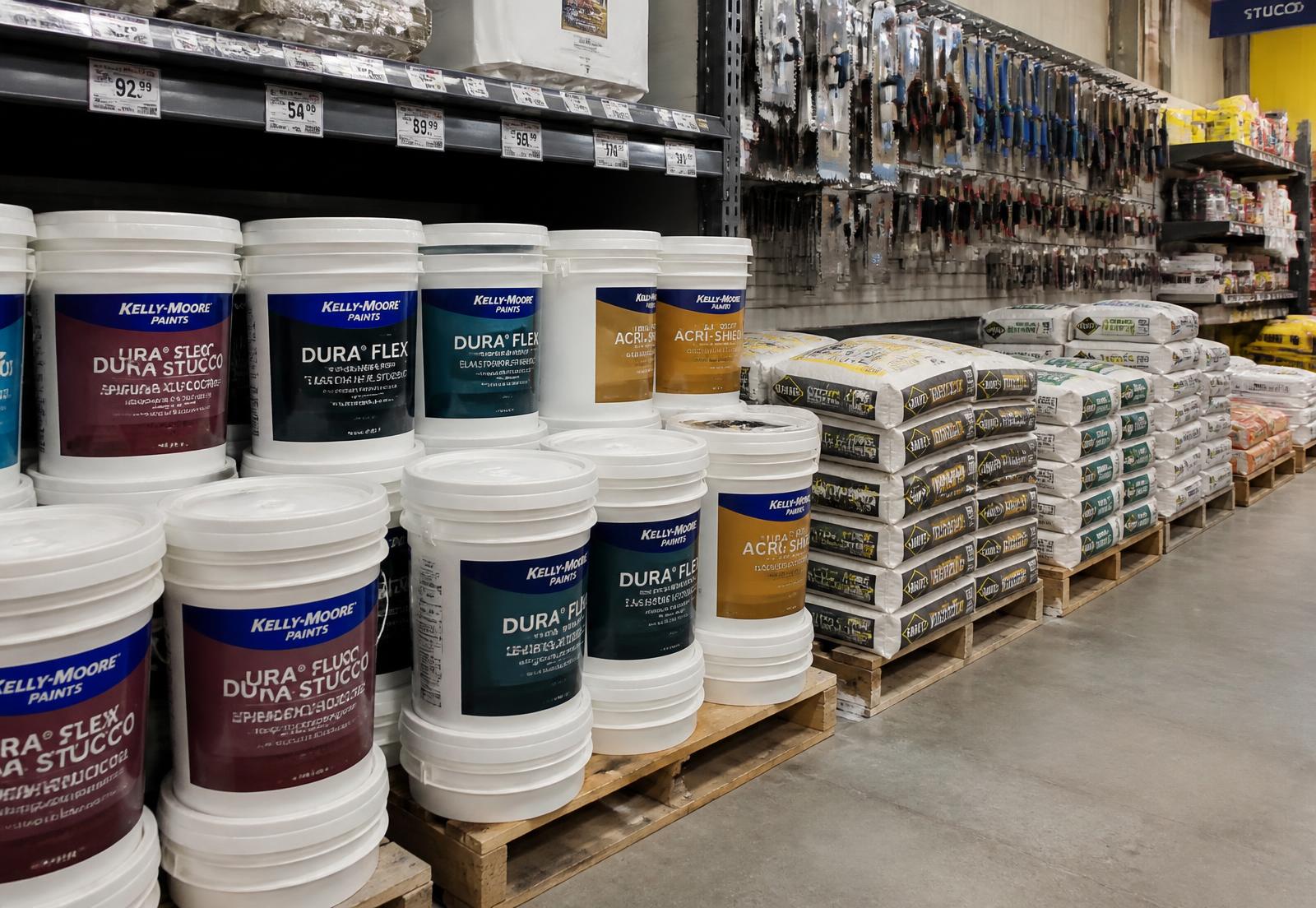 Buckets of stucco paint and bags of cement stacked in the JCM Group NYC store in Corona, Queens